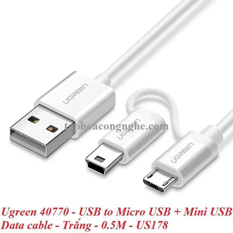 Ugreen 40770 0.5M màu Trắng Cáp sạc truyền dữ liệu USB 2.0 sang MICRO USB + MINI USB US178 30040770